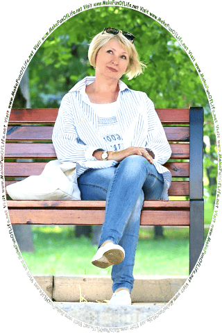Picture of a woman sitting on a park bench under a shade tree, and the words, Visit www.MakeFunOfLife.net.