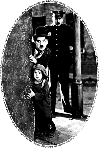 Scene from the 1921 black and white silent movie, “The Kid,” starring Charlie Chaplin as The Tramp and Jackie Coogan as The Kid, in which the two are peering around the corner of a building while trying to evade a police officer, unaware that the police officer is standing just behind them, and the words, Visit www.MakeFunOfLife.net.