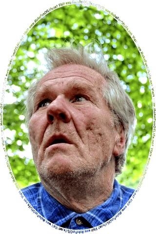 Picture of an older man looking at the words and pictures on the website, and the words, Visit www.MakeFunOfLife.net.