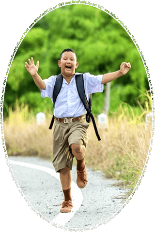 Picture of a happy smiling boy outdoors, and the words, Visit www.MakeFunOfLife.net.