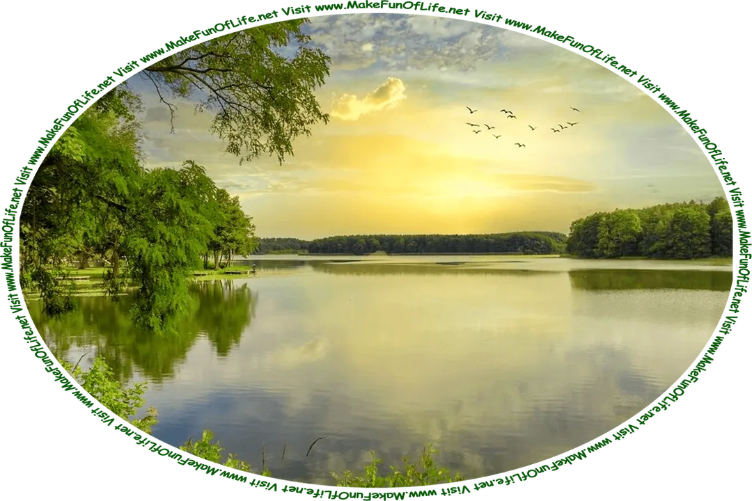 Picture of a lake with calm water surrounded by green leafy trees and a flock of birds flying overhead in the sky, on a morning with a golden sunrise, and the words, ‘Visit www.MakeFunOfLife.net.’