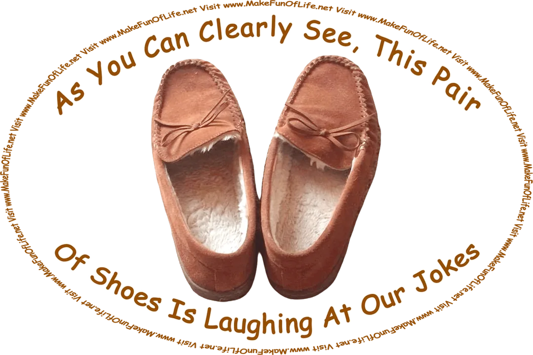Picture of a pair of shoes with their shoelaces tied in bows to resemble eyes, just above the openings of the shoes that resemble mouths, creating an appearance that the shoes are laughing faces, and the words, ‘As You Can Clearly See, These Shoes Are Laughing At Our Jokes - Visit www.MakeFunOfLife.net.’