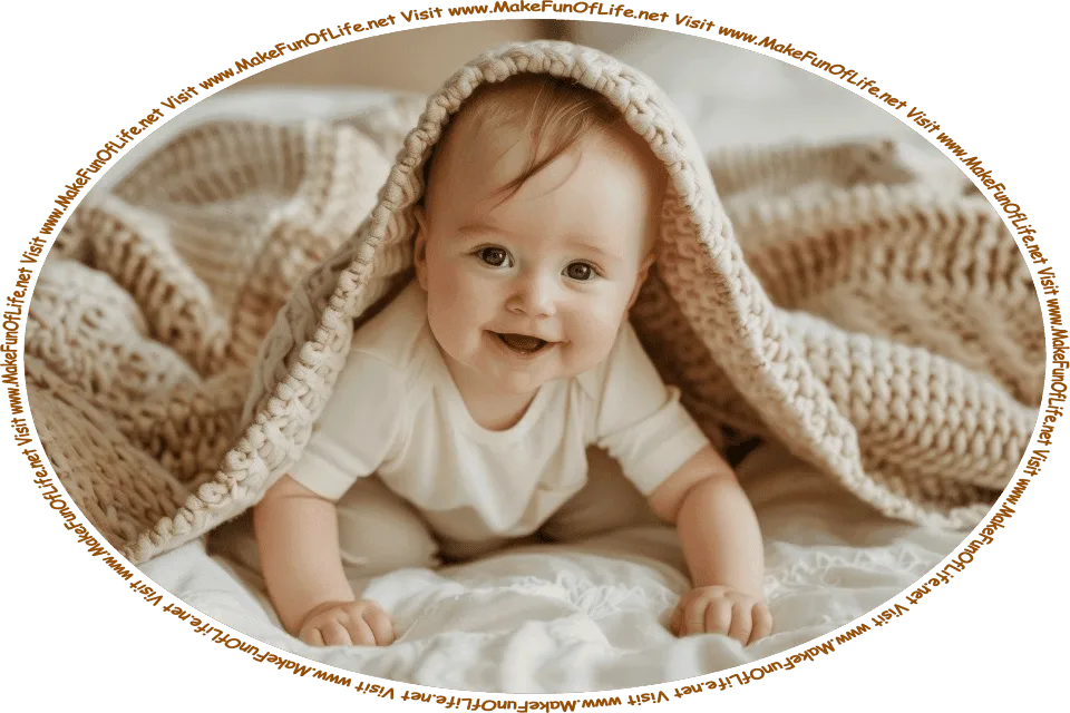 Picture of a happy smiling infant boy looking out from under a blanket, and the words, ‘Visit www.MakeFunOfLife.net.’