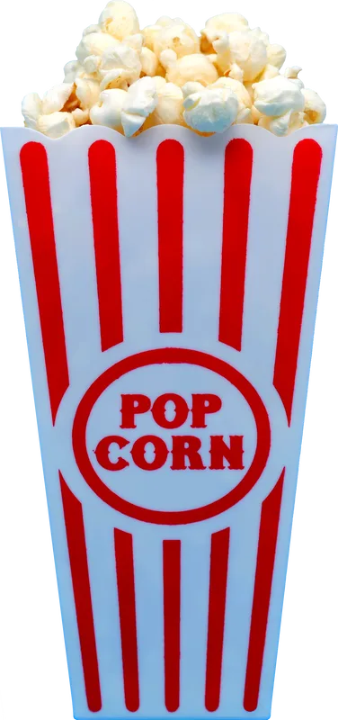 Picture of a red-and-white striped box with the words Pop Corn printed on it and that is filled with popcorn.