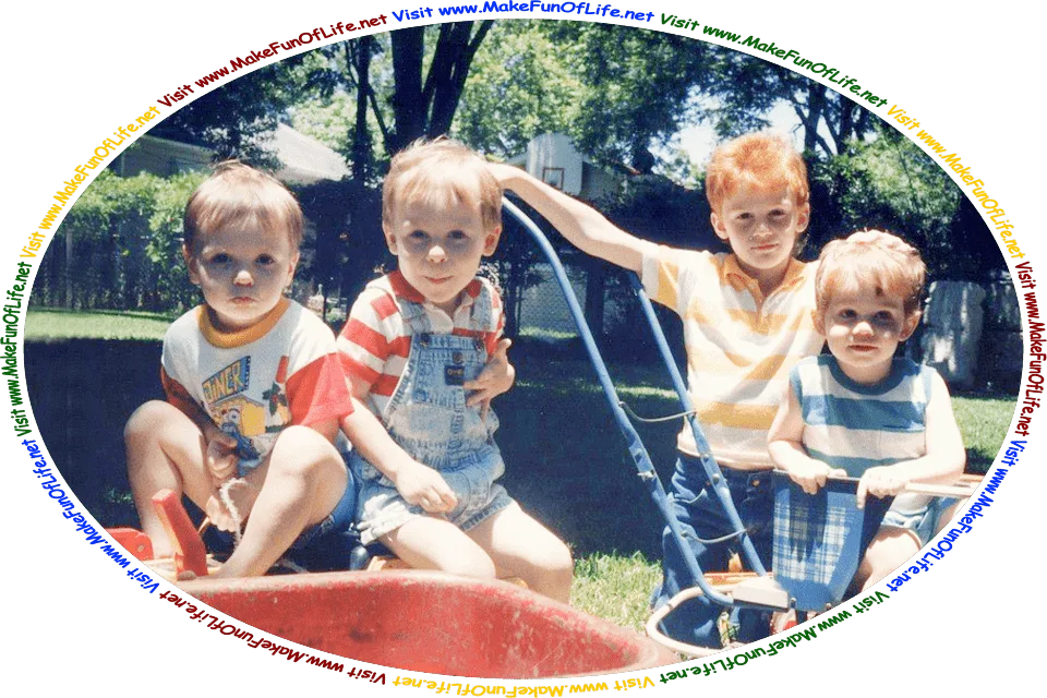 Picture of four boys playing outside in a grassy yard on a sunny day under the shade of a tree, and the words, ‘Visit www.MakeFunOfLife.net.’