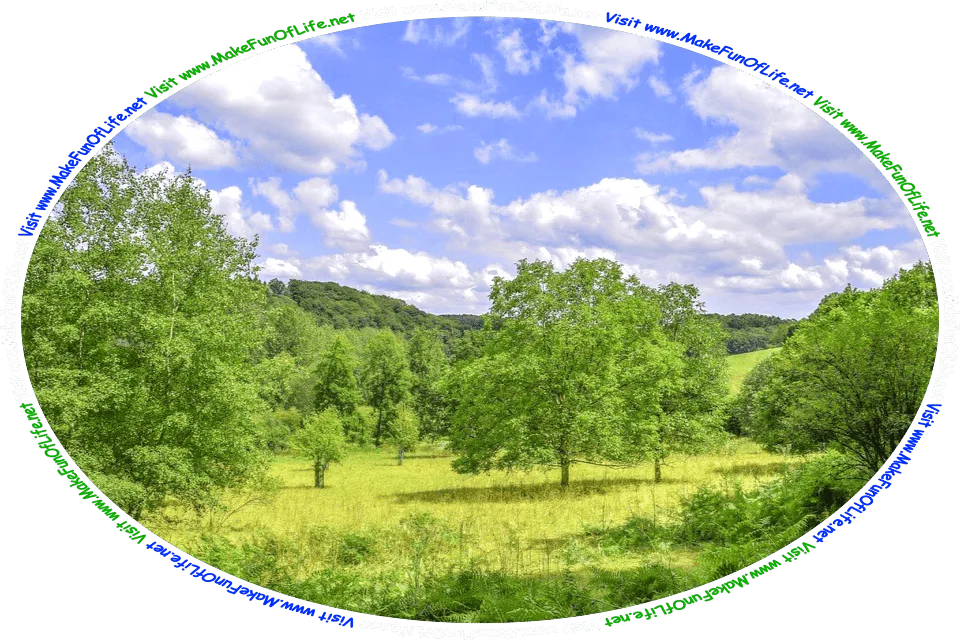 Photograph of a woodland area with green leafy trees, open areas of green grass, gently rolling green hills, a blue sky with white fluffy white clouds above, and the words, ‘Visit www.MakeFunOfLife.net.’