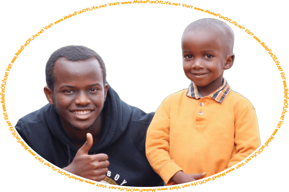 Picture of a happy smiling father and happy smiling son together with the father making a thumb-up gesture, and the words, 'Visit www.MakeFunOfLife.net.'