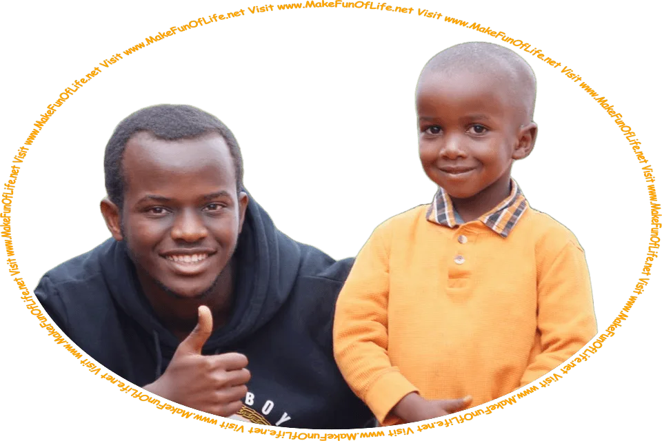 Picture of a happy smiling father and happy smiling son together with the father making a thumb-up gesture, and the words, 'Visit www.MakeFunOfLife.net.'