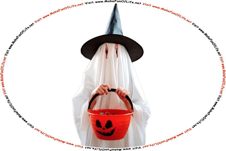 Picture of a child in a ghost costume, holding a bucket of candy, and the words, Visit www.MakeFunOfLife.net