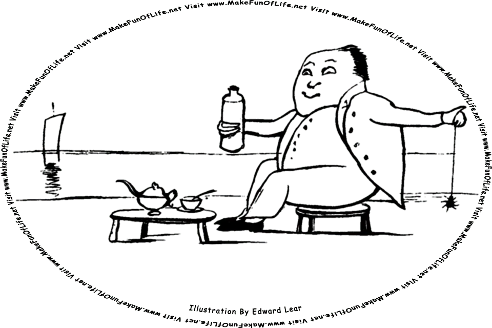 Sketch by Edward Lear of a happy smiling man sitting in a chair, holding in one hand a spider on the end of a strand of a spider web, a table on which is a teacup and teakettle, a sailboat in the water nearby, and the words, Visit www.MakeFunOfLife.net.