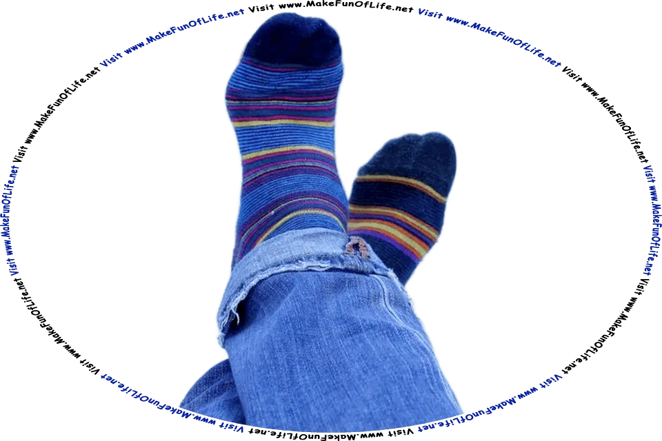 Picture of a person’s shoeless feet propped up on a table, while wearing dark blue socks with thin red, yellow, and light blue stripes, and the words, Visit www.MakeFunOfLife.net.