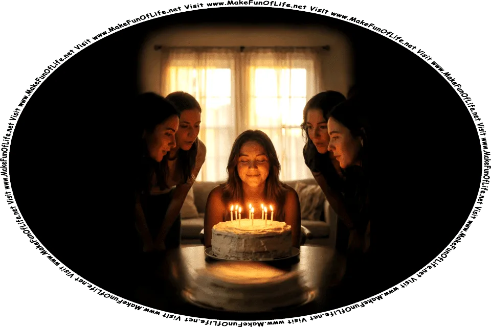 Picture of a happy smiling girl with her eyes closed as she makes a wish before blowing out the candles on her birthday cake, with four of her friends watching, and the words, Visit www.MakeFunOfLife.net.