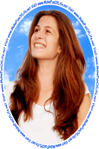 Picture of a happy smiling woman looking at the words and pictures on the website, and the words, Visit www.MakeFunOfLife.net.