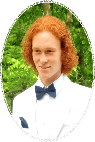 Picture of a happy smiling young man in a white tuxedo standing outside with green leafy trees in the background, and the words, Visit www.MakeFunOfLife.net.