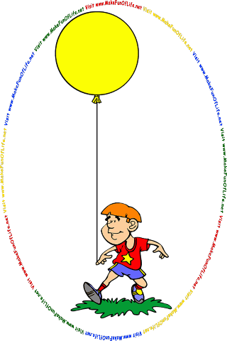Picture of a happy smiling young man holding a large yellow floating balloon by a string while looking at the words and pictures on the website, and the words, Visit www.MakeFunOfLife.net.