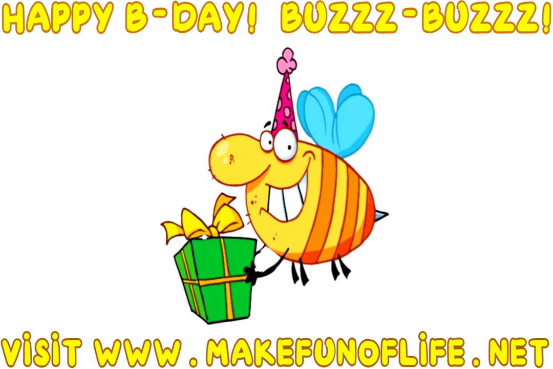 Picture of a happy smiling flying honeybee wearing a birthday party hat and holding a gift-wrapped box with a yellow ribbon and bow, and the words, ‘Happy B-Day! Buzzz-Buzzz! Visit www.MakeFunOfLife.net’
