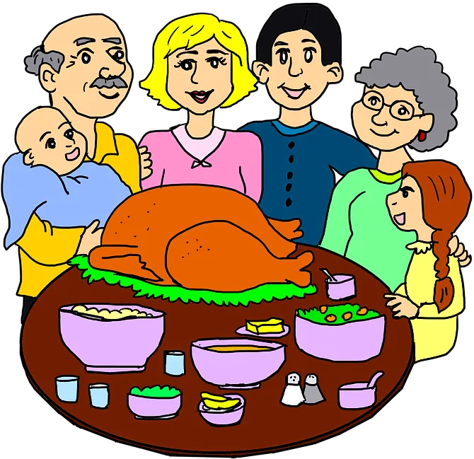 Picture of a family gathered around a table with Thanksgiving food on it.