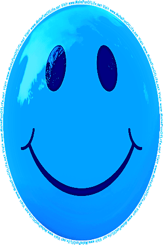 Picture of a blue 80 color cartoon smiley face, and the words, Visit www.MakeFunOfLife.net.