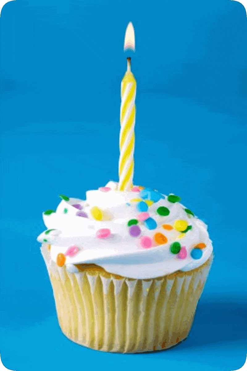 Picture of a frosted cupcake with sprinkles and a single lit birthday candle atop it.
