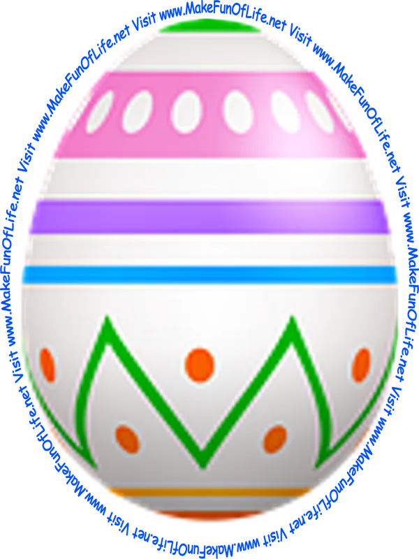 Picture of a decorated Easter egg with one green end, one red end, and orange polka dots, a green zig-zag line, and pink, purple, blue, and yellow lines.