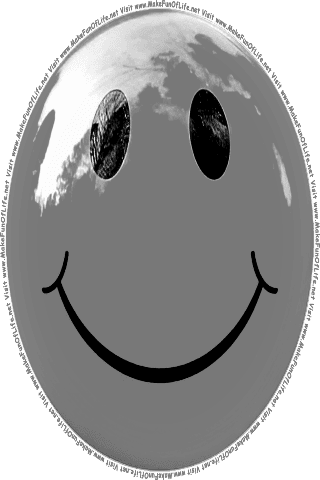 Picture of a gray 140  color cartoon smiley face, and the words, Visit www.MakeFunOfLife.net.