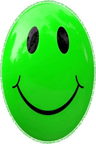 Picture of a green 100 color cartoon smiley face, and the words, Visit www.MakeFunOfLife.net.