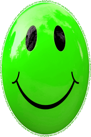 Picture of a green 20 color cartoon smiley face, and the words, Visit www.MakeFunOfLife.net.