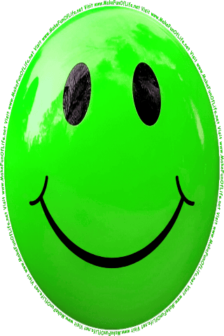 Picture of a green 80r] color cartoon smiley face, and the words, Visit www.MakeFunOfLife.net.