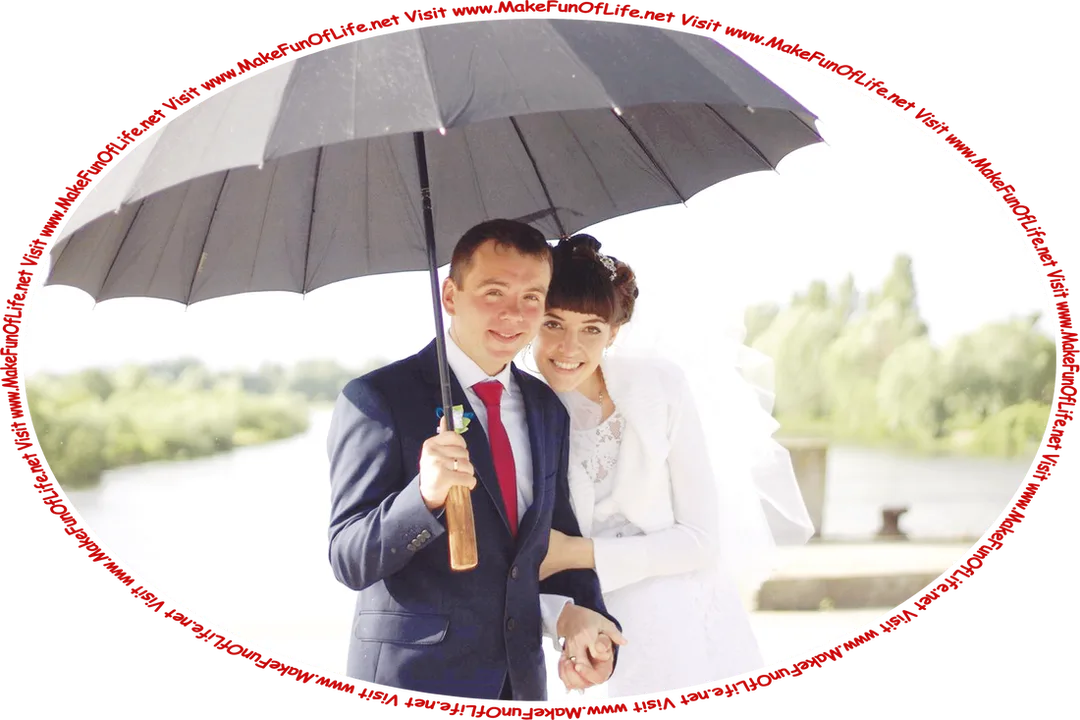 Picture of a happy smiling groom and a happy smiling bride on their wedding day, standing outside holding hands under an umbrella, and the words, ‘Visit www.MakeFunOfLife.net.’