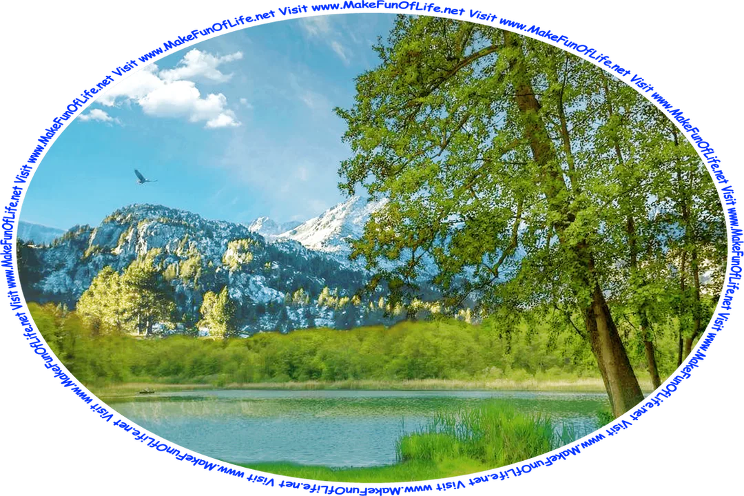 Picture of a lake in a wilderness area surrounded by green grass and green bushes, with trees and snow-covered mountains in the background, a bald eagle flying high in the blue sky overhead, and the words, ‘Visit www.MakeFunOfLife.net.’