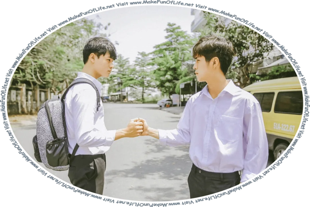 Picture of two young men who are friends standing outside, shaking hands, and the words, ‘Visit www.MakeFunOfLife.net.’