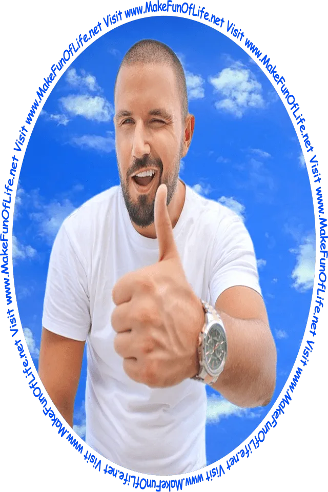 Picture of a happy smiling winking man with thumb up hand gesture and with blue sky and fluffy white clouds in the background.
