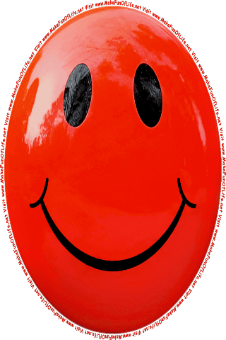 Picture of a red 1 color cartoon smiley face, and the words, Visit www.MakeFunOfLife.net.