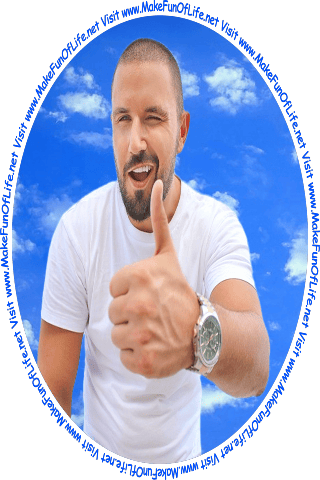 Picture of a happy smiling winking man with thumb up hand gesture and with blue sky and fluffy white clouds in the background.