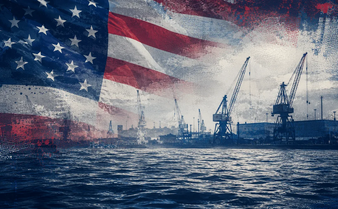 American flag and marine shipyard illustration for In-Mar Systems U.S. Army MSV(L) project