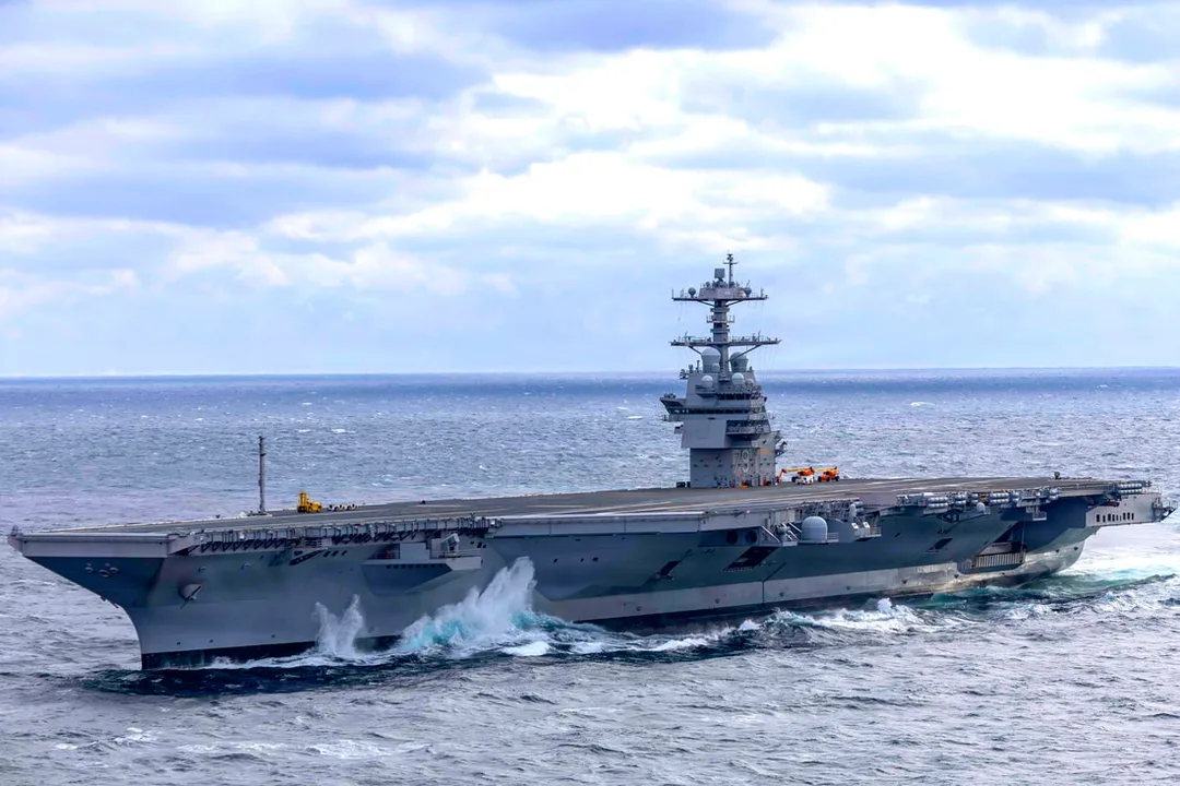 Future USS John F. Kennedy (CVN-79) underway during sea trials in the Atlantic Ocean.