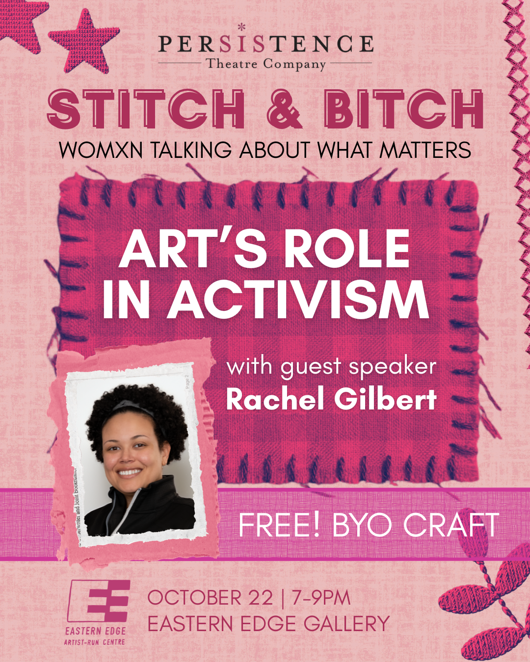 Promo image for the first Stitch & Bitch session. A light pink background with dark pink stars and leaves embroidered onto it, and a patch of dark pink plaid sewn on. It reads: 