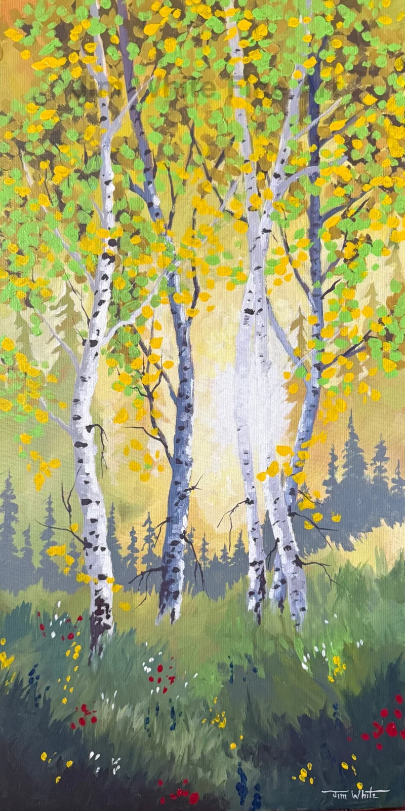 Chasing Squirrels, 12X24 acrylic painting by Canadian, contemporary artist Jim White, cafe wall mockup, small table and plants