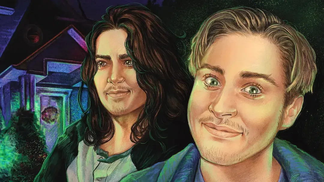 a hand drawn illustration showing the front door of a house ominously lit with green and red lighting in the background. Lou and Trystan are in the foreground, with green lighting on their faces. Lou's expression is slightly skeptical. Trystan's is a smile loaded with mania.