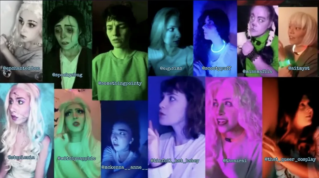 Grid collage of multiple performers lit in dramatic colored lighting--green, blue, purple, pink, and red--each reacting with alarm, confusion, or realization. Their social media handles appear over each portrait. One panel shows Azrai under pink lighting, looking upward with a tense, alert expression, suggesting a shared unfolding event across characters.