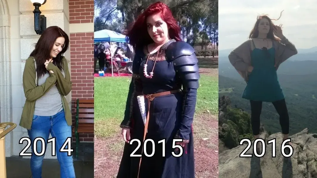 Three side-by-side photos labeled 2014, 2015, and 2016 show the same person at different times. In 2014 they wear casual clothes and stand by a building; in 2015 they wear medieval armor and a dress at an outdoor event; in 2016 they stand on a mountain overlook in a dress and jacket, with a notably slimmer silhouette than the previous year.