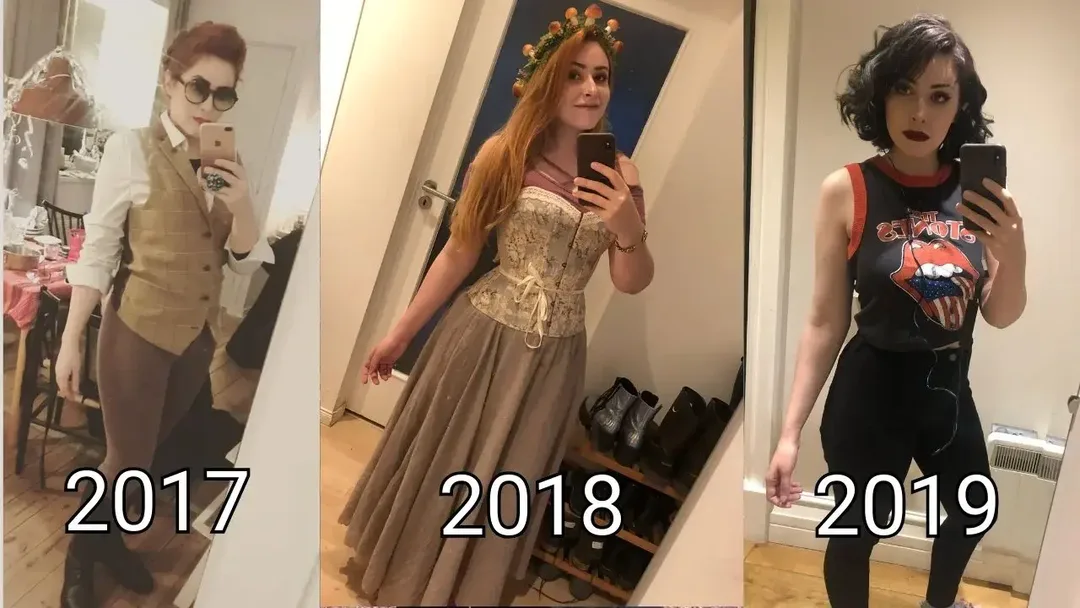 Three side-by-side mirror selfies labeled 2017, 2018, and 2019 show the same person at different times. In 2017 they wear a vest and sunglasses, in 2018 a corset dress and flower crown, and in 2019 a band tank top and dark pants, showing a progressively slimmer build across the years.