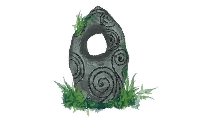 Digital painting of a tall rune stone with a circular hole near the top, carved with swirling spiral patterns. Green moss and grass grow at its base and in crevices of the stone.