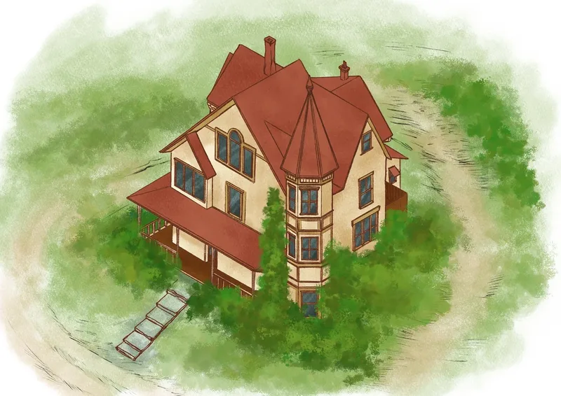 Illustrated isometric view of a Victorian-style house with a steep red roof, beige walls, and tall windows. The house is surrounded by greenery and sits along a dirt path, drawn in a soft, painterly style.