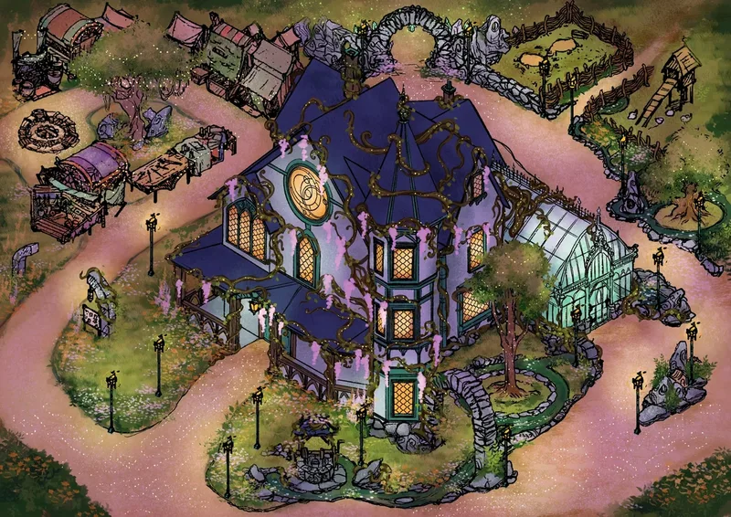 Illustrated concept of the Living Storybook Manor. A tall blue-roofed inn with glowing golden windows is wrapped in vines and blossoms. A glass conservatory extends from the side, while winding lantern-lit paths connect to a market square, hydroponic gardens, and stone archways.