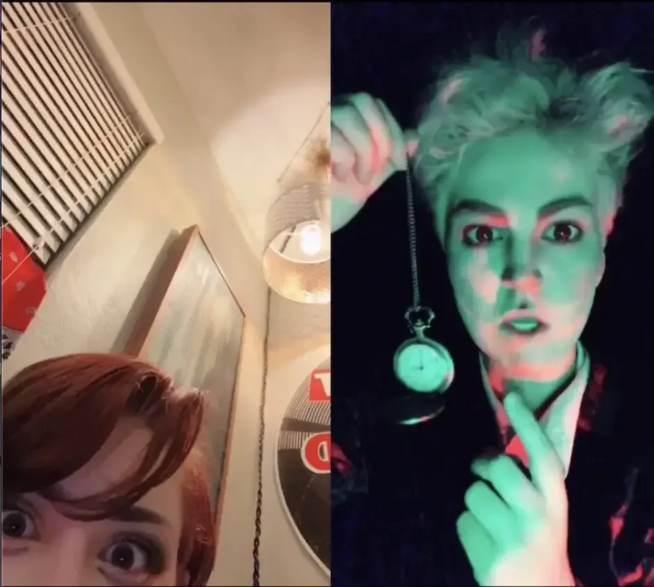 Split-screen TikTok duet. On the left, Azrai out of costume peeks up into frame from below with wide, delighted eyes in a warmly lit room, looking manic and thrilled. On the right, Lou in costume as Rabbit from Asunderland holds up an open pocket watch under eerie green lighting, pointing toward it with an urgent expression.