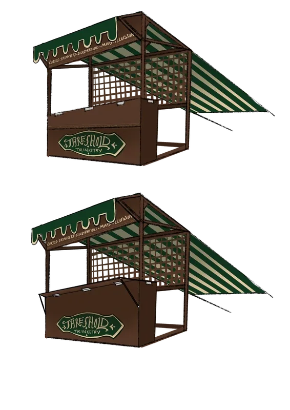 Concept art of a collapsible wooden vendor booth with green-and-white striped canopy. The booth has lattice panels, fold-down counter, and a sign labeled “Threshold Trinketry.” Two views show the counter open and closed.