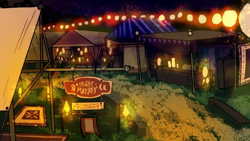 Illustrated concept of a night market lit by glowing lanterns and strings of lights. Rows of vendor tents and stalls line a grassy path, with warm candlelight inside. A sign reads “Night Market - All magical folk welcome.”