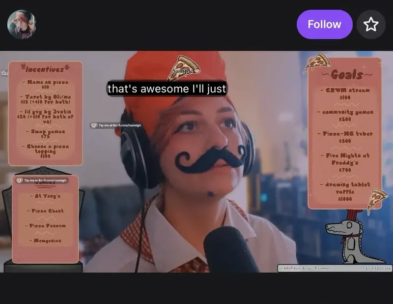screenshot from Nox Leigh's pizza-party themed twitch stream showing Nox in a red chef hat and black curly mustache.