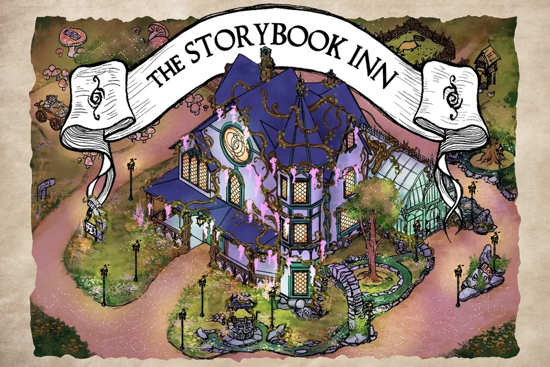 an illustration of a fairytale victorian building with light blue walls and dark blue roof. A greenhouse, wishing well, animal enclosures and several fairytale features can be seen around the house. a banner at the top reads 'The Storybook Inn'